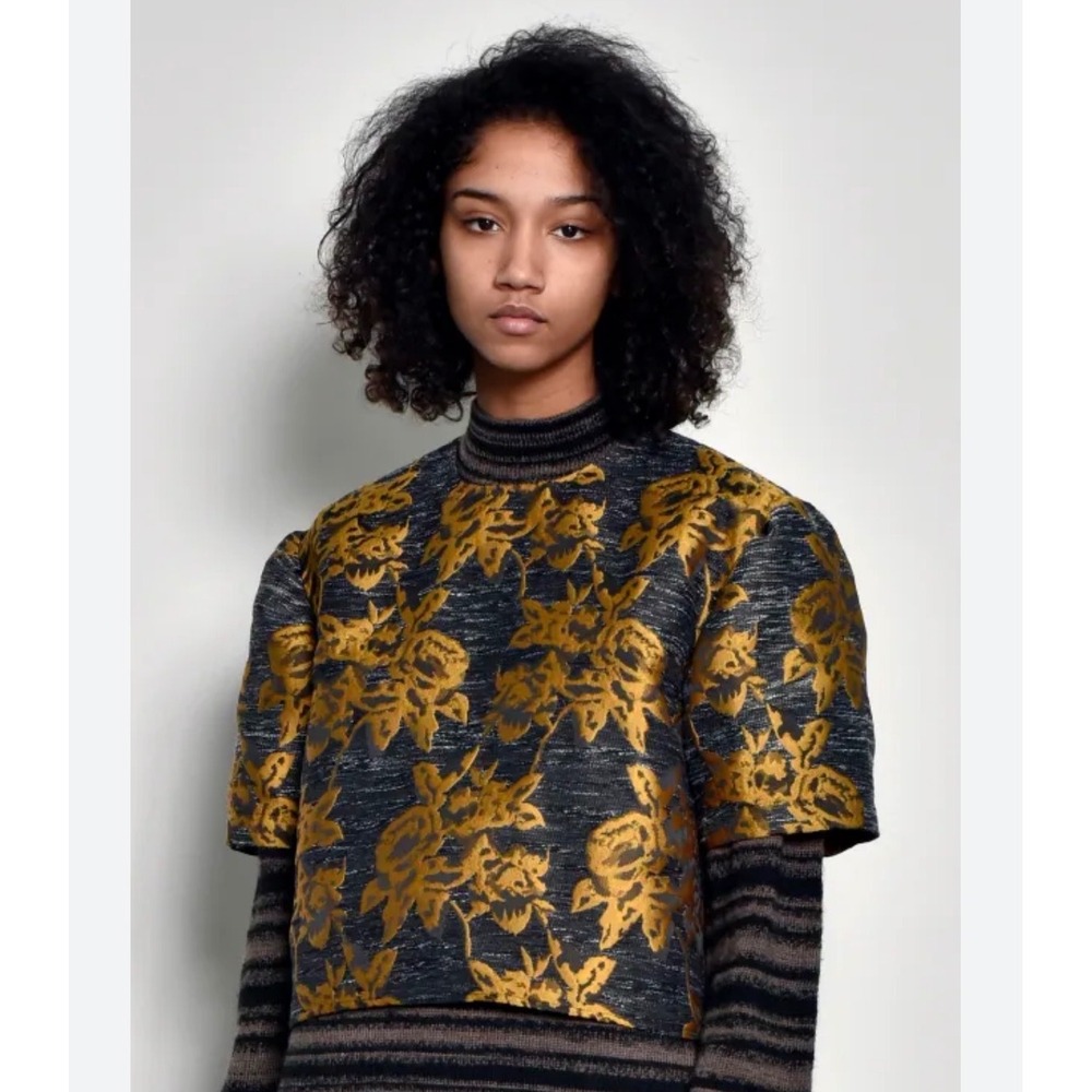 NEW Public School Top 8 Black Yellow Floral Brocade Cropped Structured Tapestry